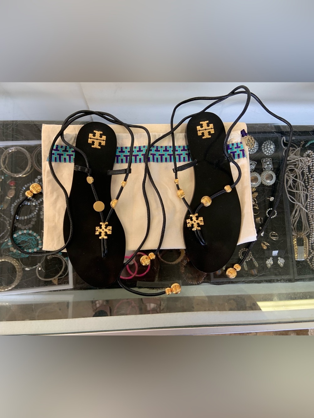 Tory Burch Black Sandal Lace-Up Flats with Gold Logo Accents